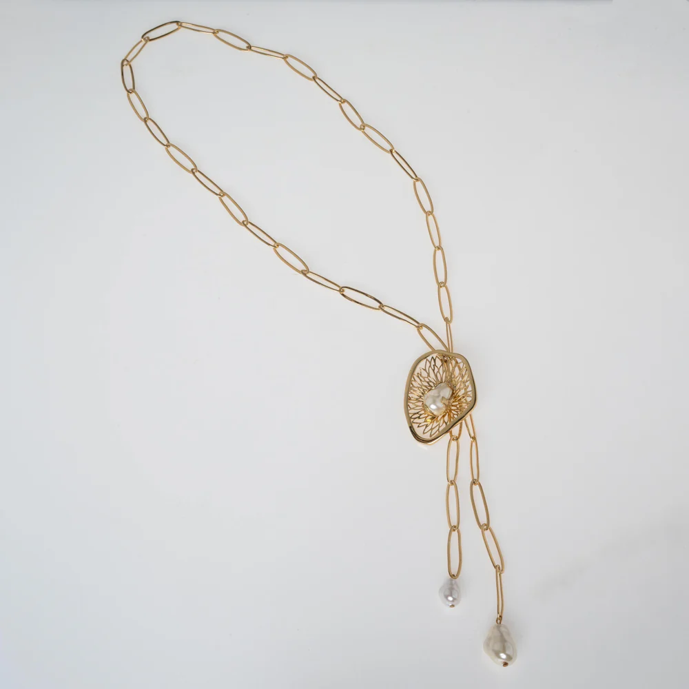 Opal Pearl Brass Necklace | Kalliope Jewelry - Image 3